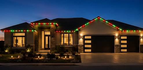 Home with red and green Christmas roofline lighting