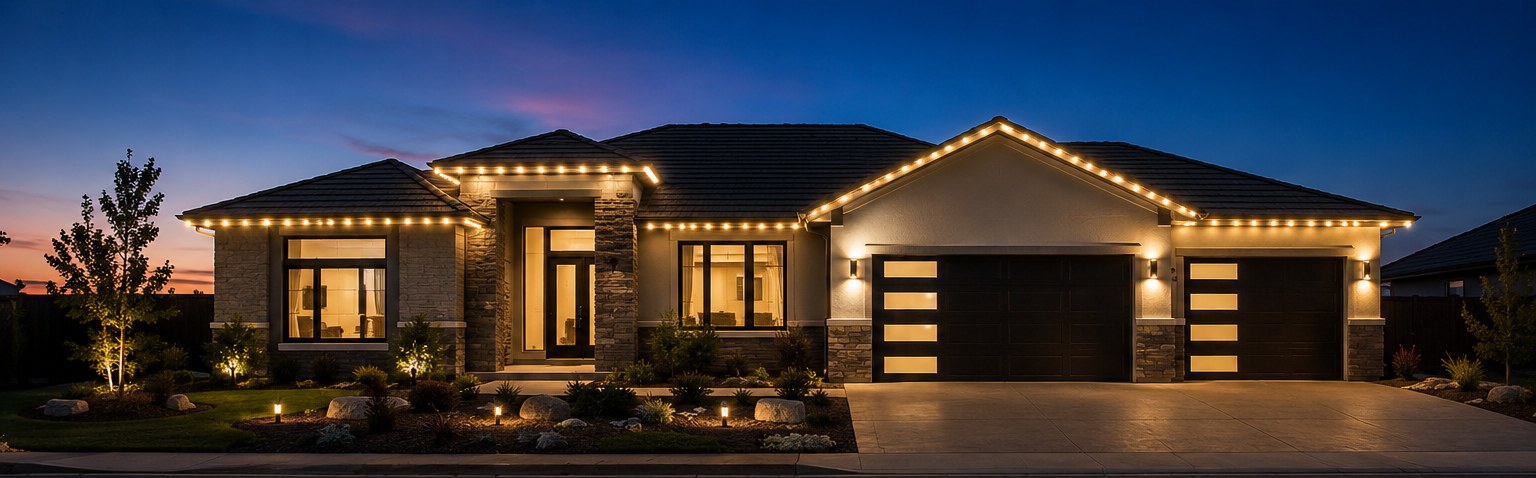 Home with warm white permanent roofline lighting