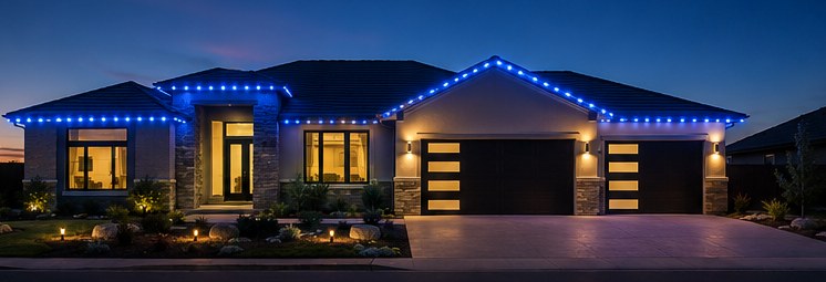 Home with blue game-day roofline lighting