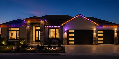 Home with orange and purple Halloween roofline lighting