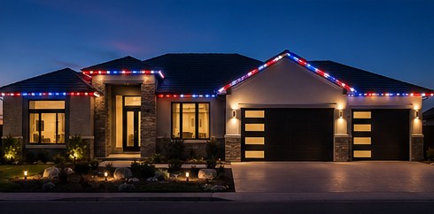Home with red white and blue 4th of July roofline lighting